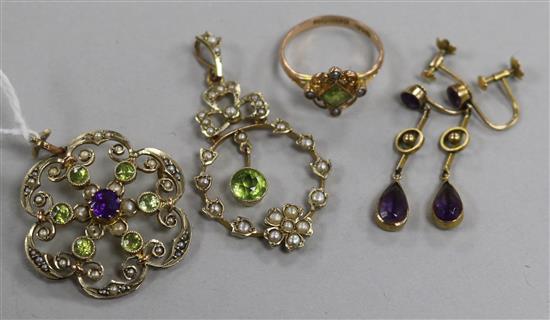 Two Edwardian 9ct gold gem set pendants, in Suffragette colours, a cluster ring and a pair of drop earrings